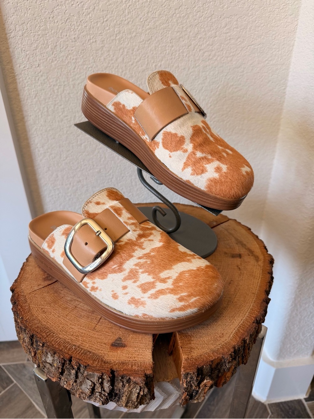 Donald J. Pliner Cowhide Mule Clogs in Tan and White with Buckle Accent
